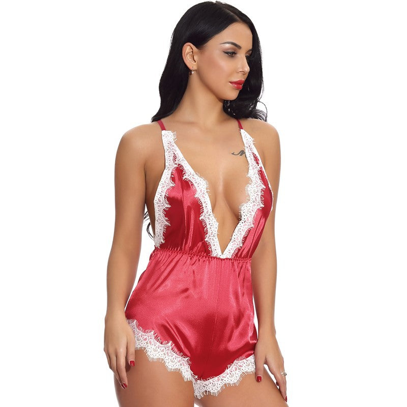Sexy Lace Temptation Deep V Plunge One Piece Pajamas Split Beauty Back Cutout out Sexy Underwear