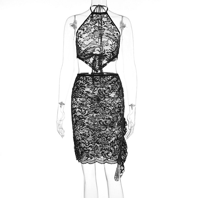 Summer Women Clothing Sexy Halter Lace Backless Top Skirt Two Piece Set