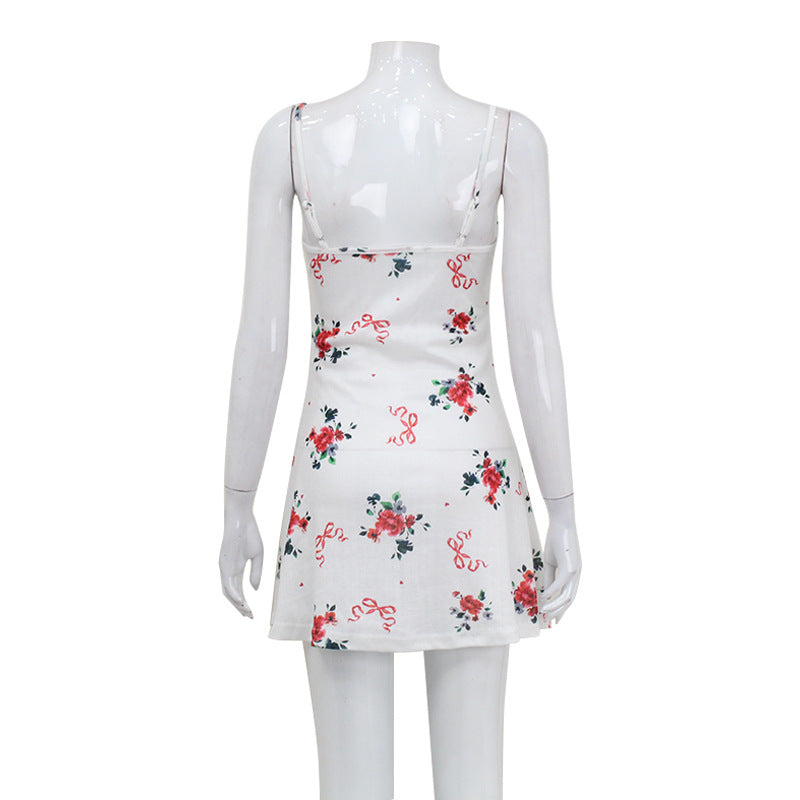 Women Clothing Summer French Fresh Floral Strap Dress Sexy Waist Trimming Casual Home A Line Dress
