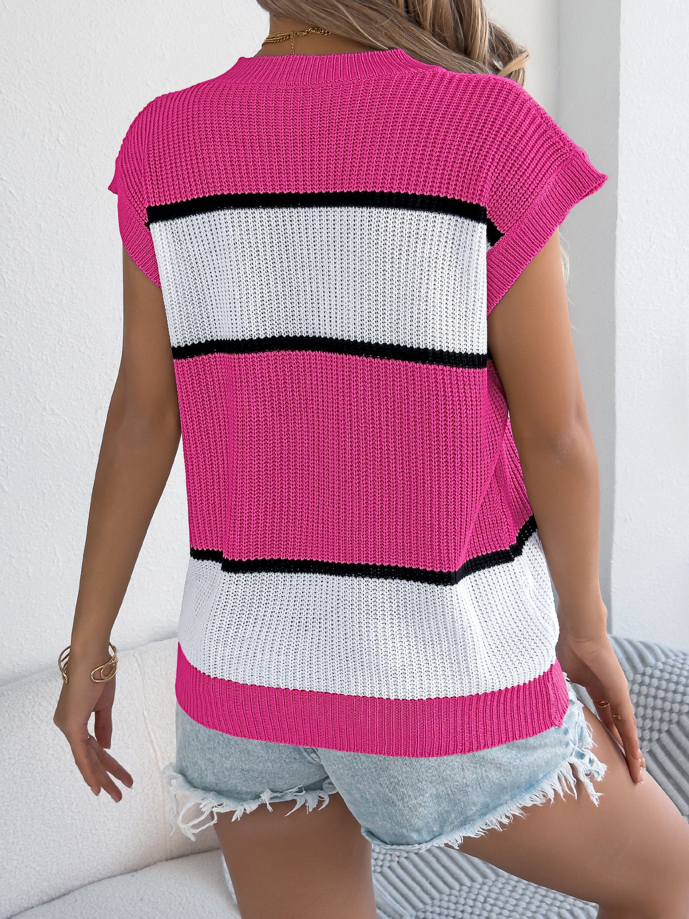 Spring Summer Contrast Color Striped Casual Loose Knitwear Holiday Top Women Clothing