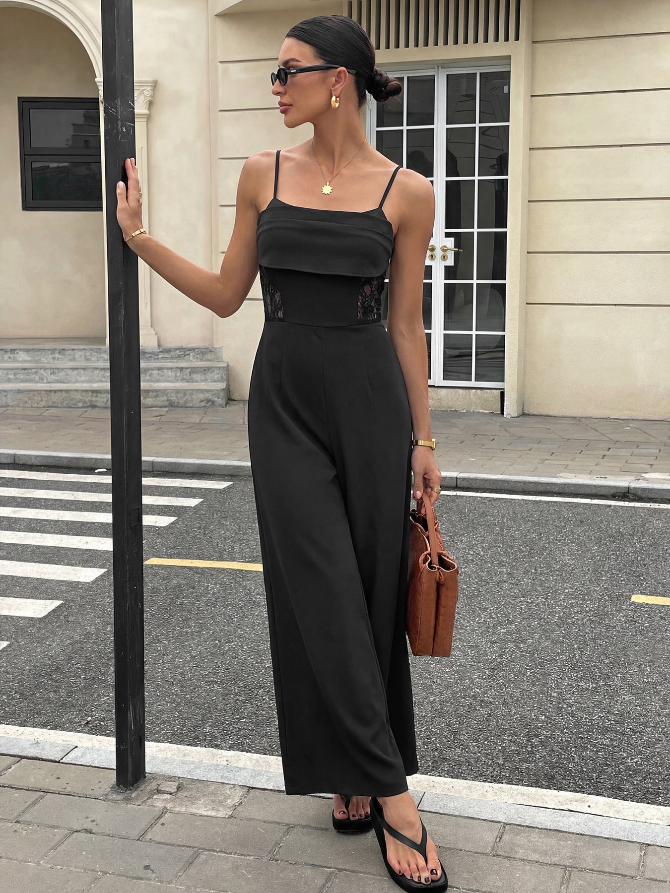 Sexy Wind Black Strap Lace Fitted Waist Jumpsuit