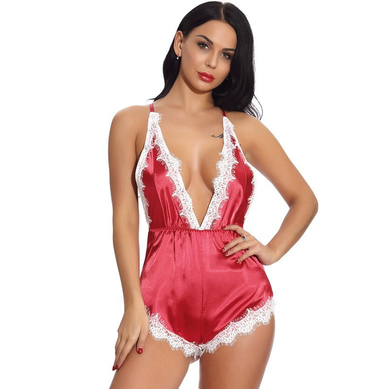 Sexy Lace Temptation Deep V Plunge One Piece Pajamas Split Beauty Back Cutout out Sexy Underwear