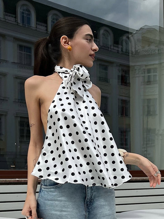 French Elegant Bow Halter Sexy Satin Vest Sexy Polka Dot Irregular Asymmetric Spaghetti Strap Backless Top