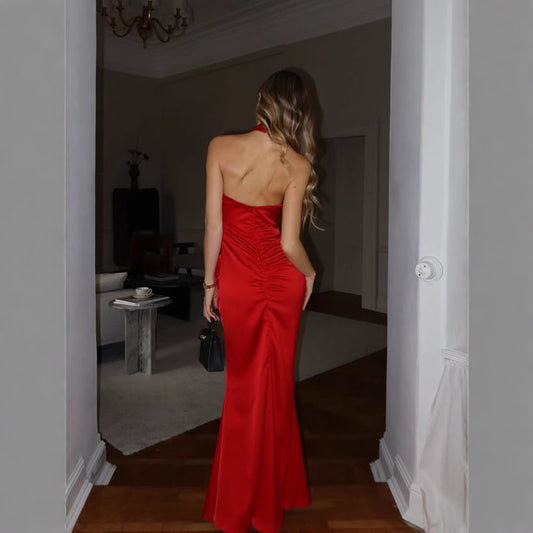 Elegance Sleeveless Halter Slim Fit Backless Satin Fashionable Simple Fishtail Hip Dress