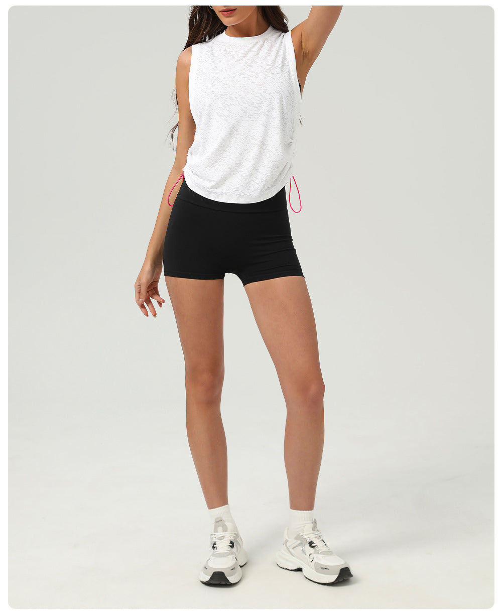 Breathable Yoga Exercise Vest Women Summer Loose round Neck Sleeveless Sports Top Drawstring at Hem Jacquard Blouse