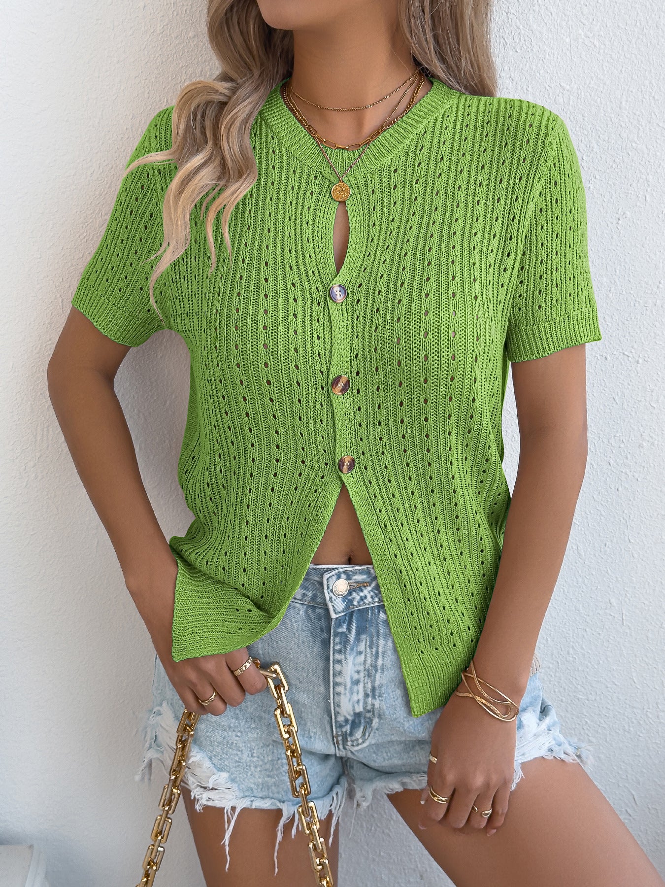Women Clothing Spring Summer Solid Color Hollow Out Cutout Button Short Sleeved Sweater Top