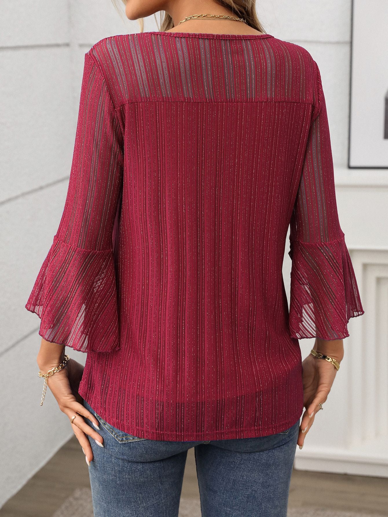 Women Clothing Elegant round Neck Ruffle Sleeve Shiny Mesh Top