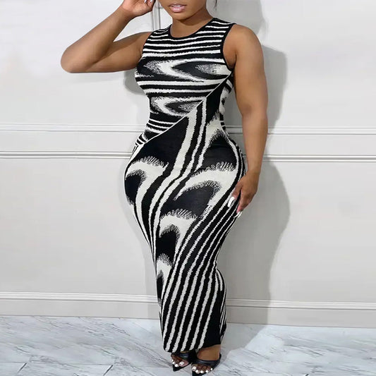 Plus Size Women Irregular Asymmetric Striped Sleeveless Round Neck Fit Dress