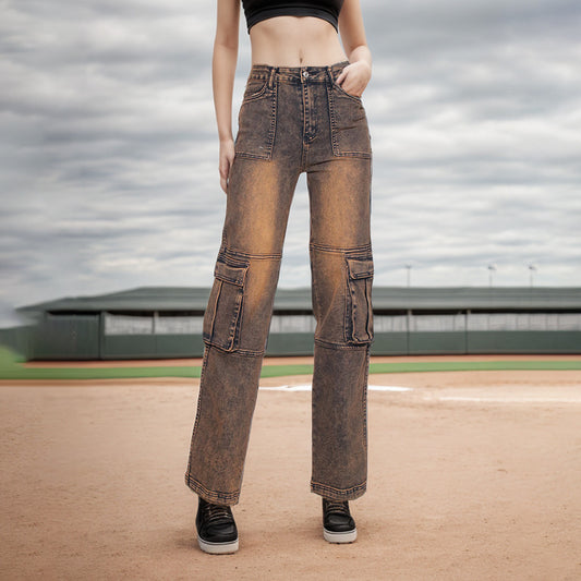 Casual Vintage Washed High Waist Slimming Stitching Design Pocket Straight Workwear Jeans