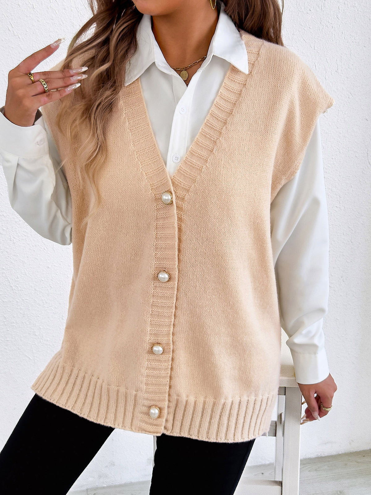 Women Top Autumn Winter Vest Women Clothing Pearl Buckle Loose Casual Cardigan Sweater Vest