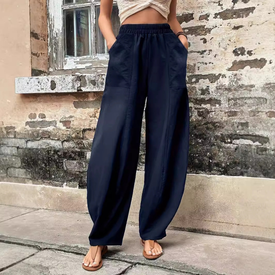 Women Clothing Large Pocket Women Casual Elastic Waist Trousers