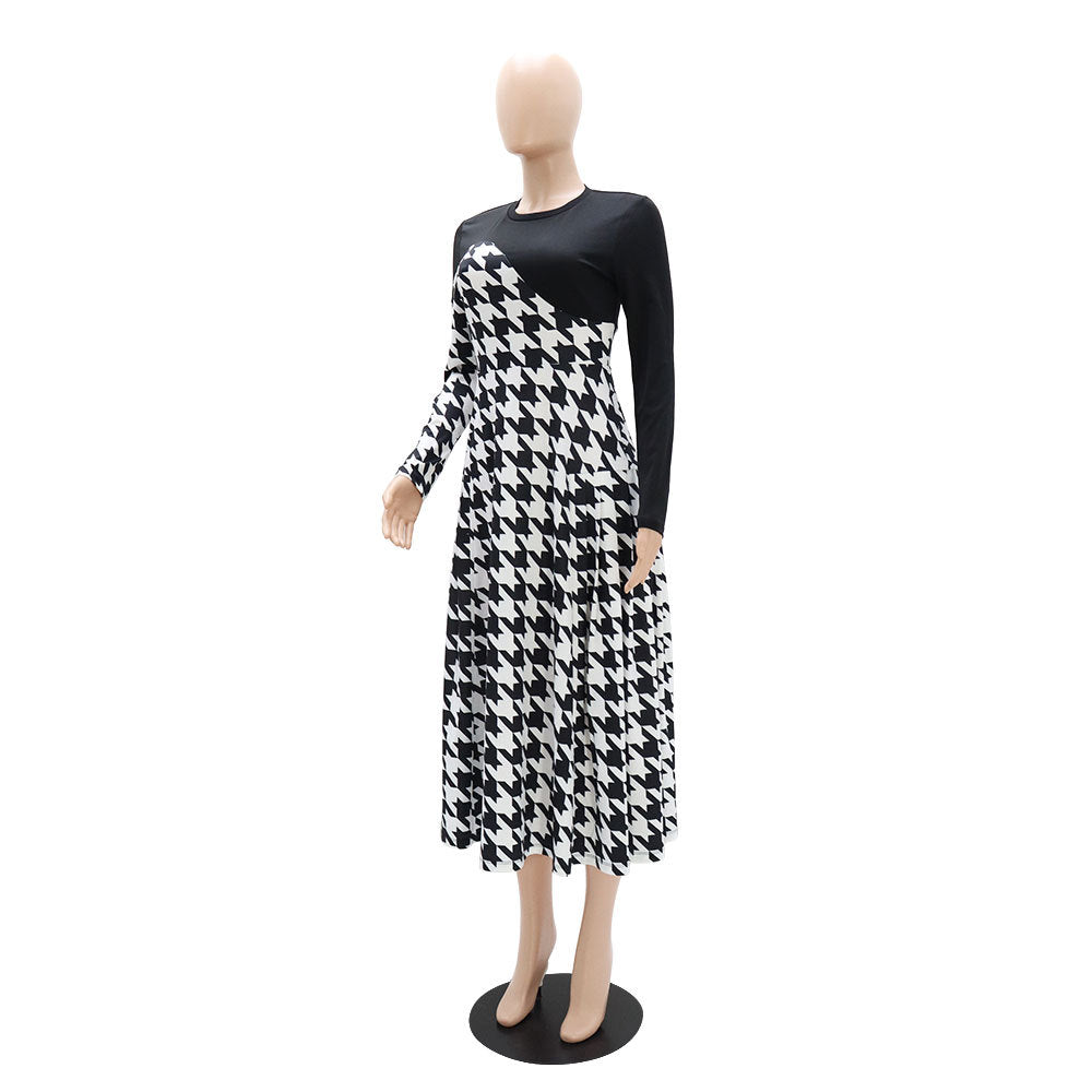 Stitching Houndstooth Spring Autumn All Match Long Sleeve Women Dress