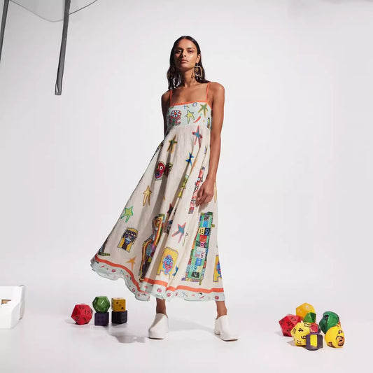 Sexy Graffiti Cotton Linen Printing Positioning Sling Swing Dress