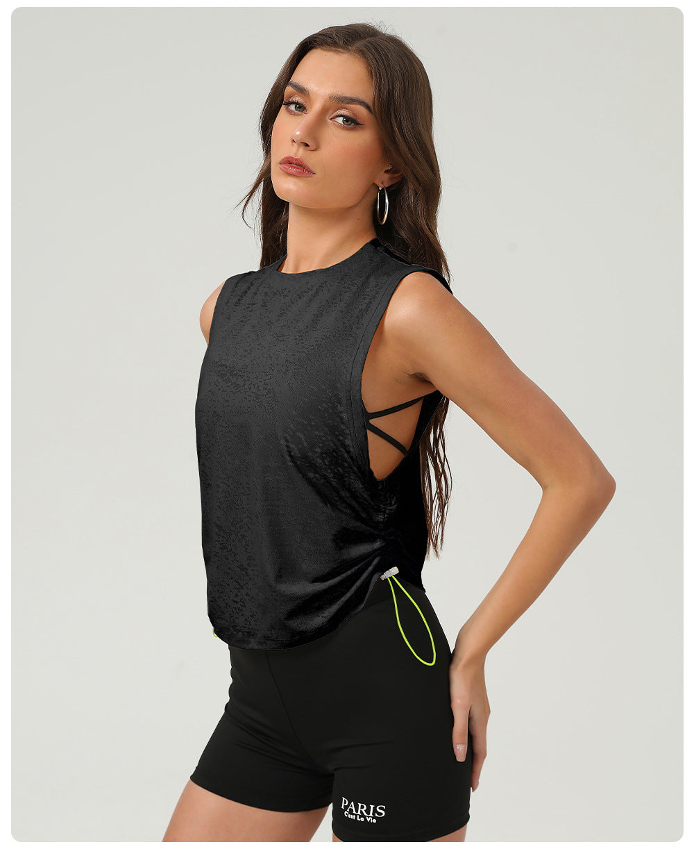 Breathable Yoga Exercise Vest Women Summer Loose round Neck Sleeveless Sports Top Drawstring at Hem Jacquard Blouse
