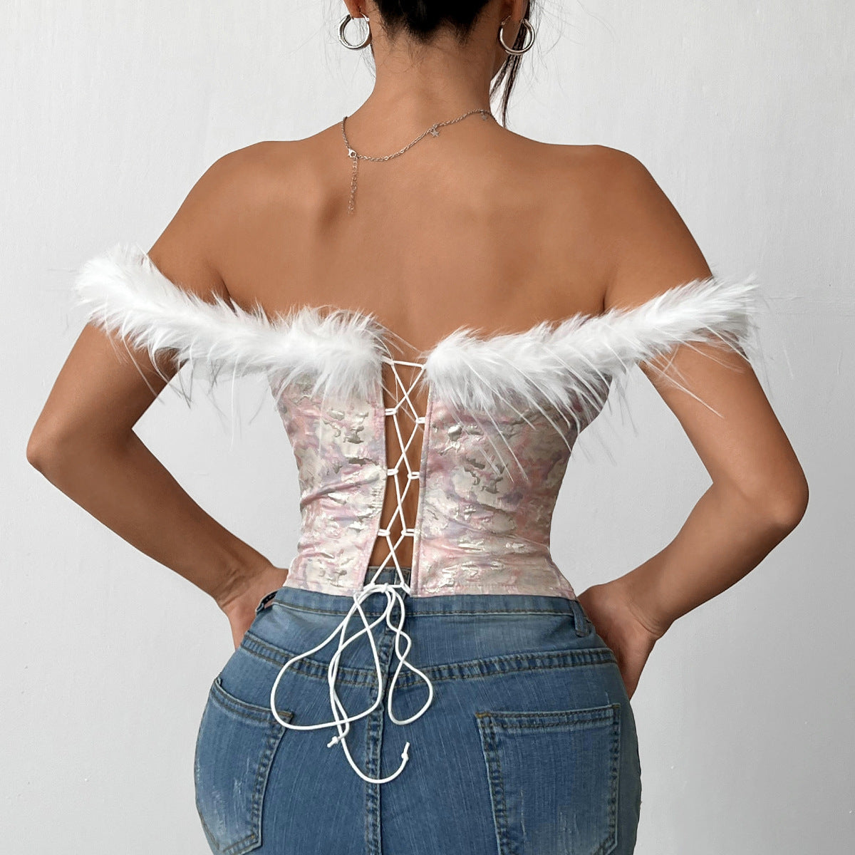 Autumn Winter Women Clothing Christmas Stitching Wool Tops off Shoulder Tube Top Corset Boning Corset Diamond Vest