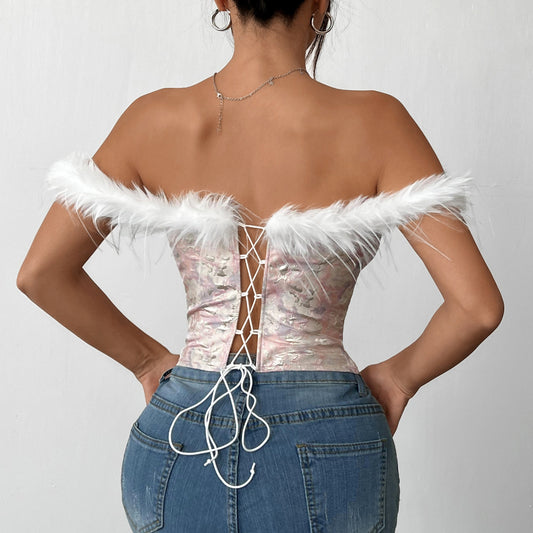 Autumn Winter Women Clothing Christmas Stitching Wool Tops off Shoulder Tube Top Corset Boning Corset Diamond Vest