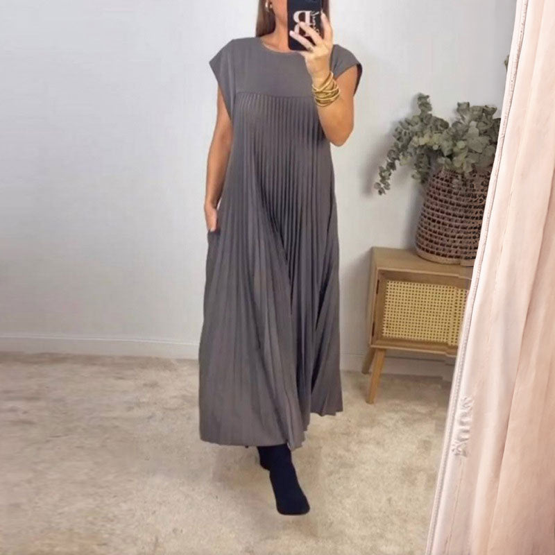 Women Clothing Maxi Dress Elegant round Neck Sleeveless Pleated Dress