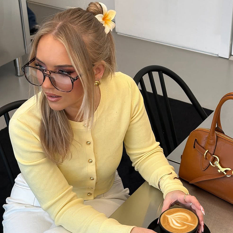 Best Seller in Women Clothing Summer Street Shooting Cardigan Button Solid Color Slim Fit Long Sleeves Top