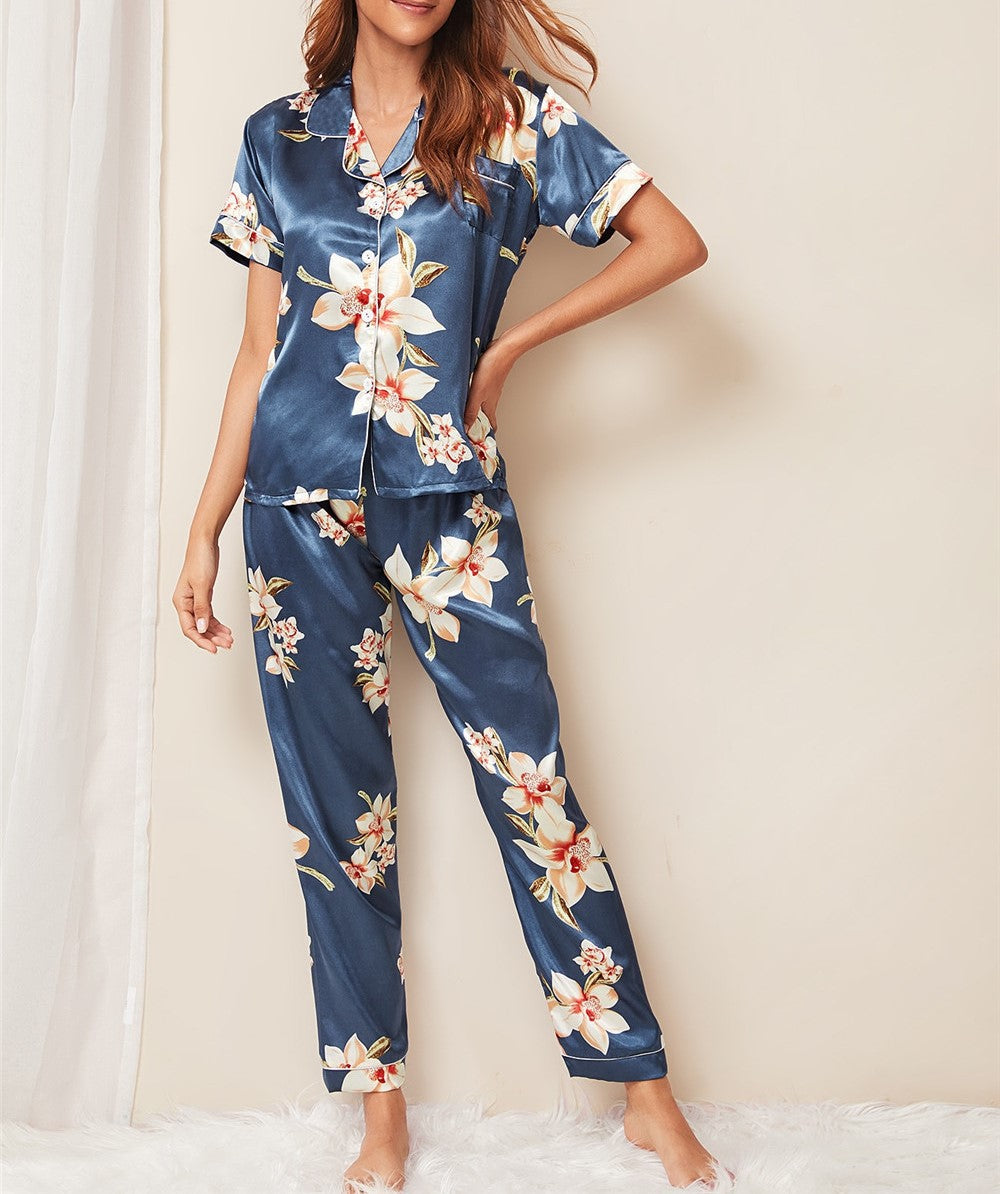 Imitated Silk Pajamas Women Home Wear Two-Piece Short-Sleeved Trousers