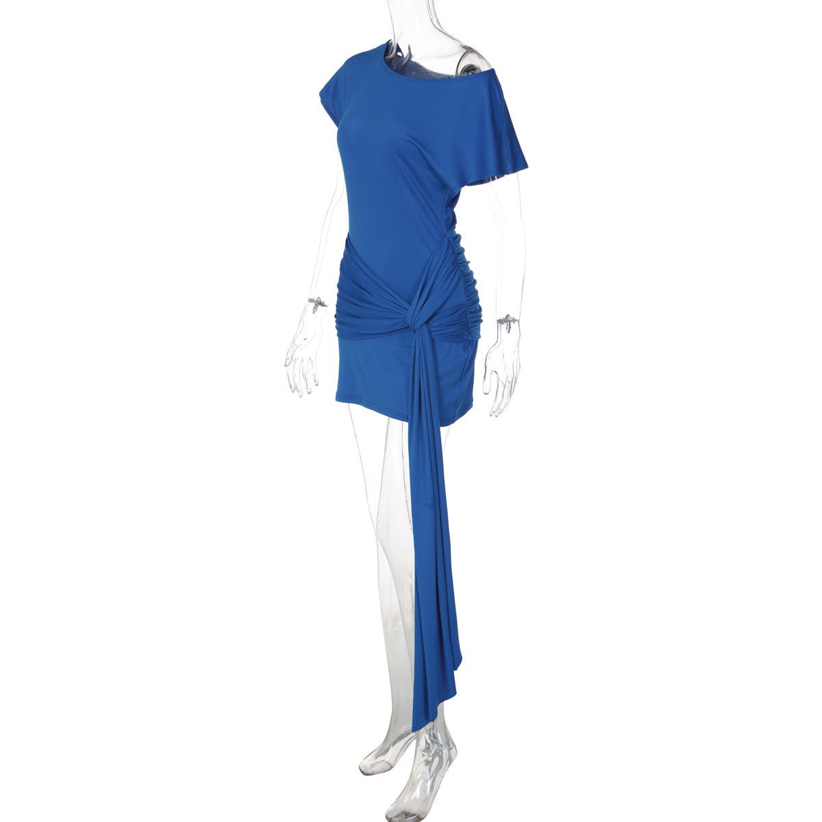 Women Clothing Spring Solid Color Diagonal Collar Short Sleeve Lace up Pleated Waist Tight Slimming Dress