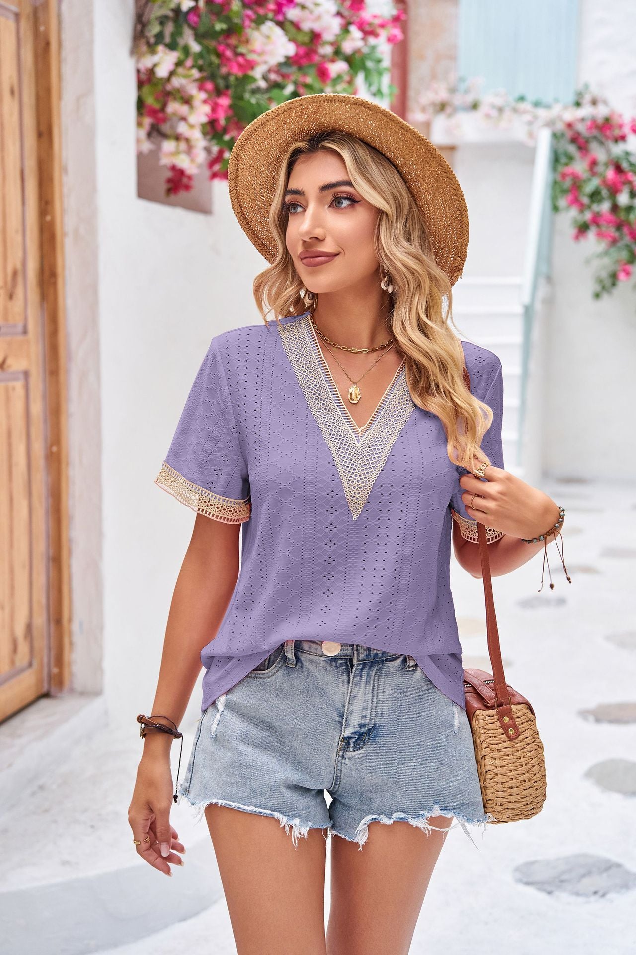 Lace V neck Patchwork Solid Color Loose Short Sleeve Underwear T shirt Top Ladies