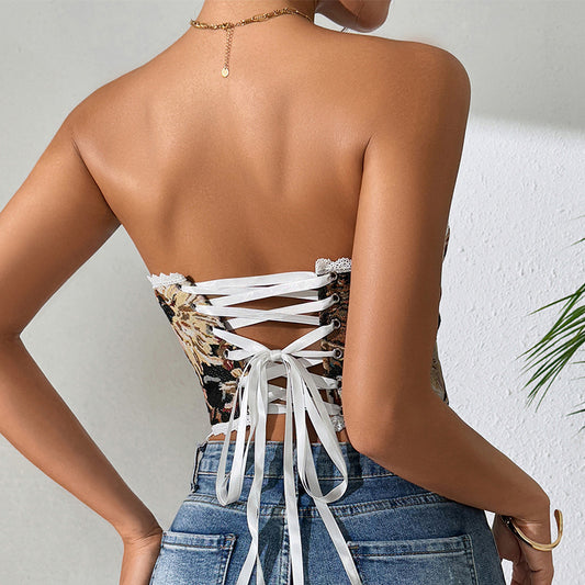 Sexy Boning Corset Corset European French Vintage Vest Printed Lace up Top Sexy Tube Top Women Clothing