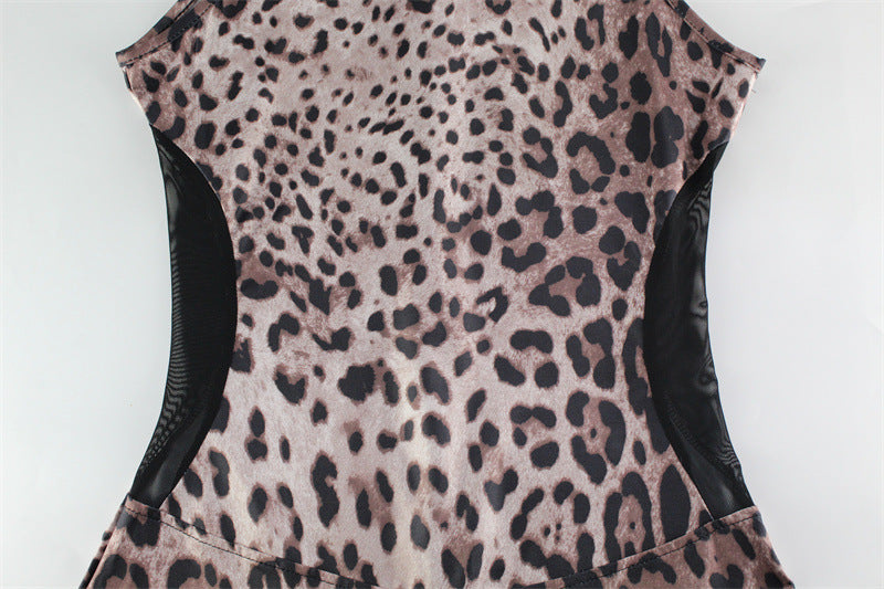 Sexy Sleeveless Halter Leopard Print Printed Mesh Stitching Jumpsuit Tight High Elastic Trousers