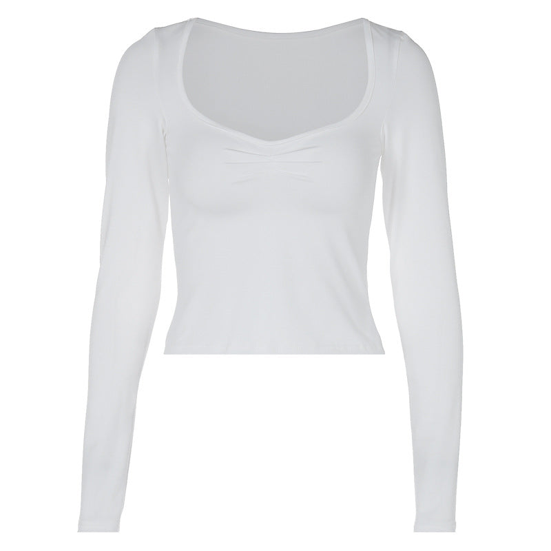 Women Clothing Summer Sexy Slim Fit Slimming Cropped Solid Color Long Sleeved Top T shirt