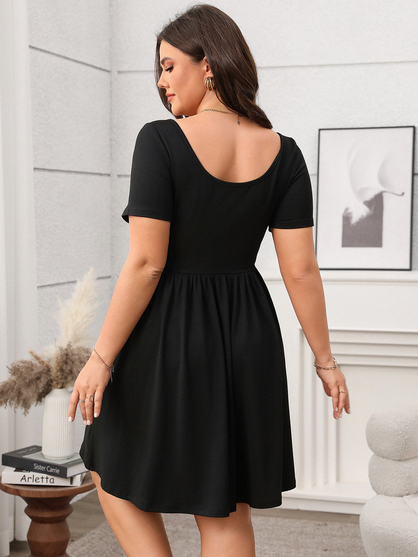 Plus Size Elegant Women Clothing Spring Summer Short Sleeve Square Collar Solid Color Slimming Dress