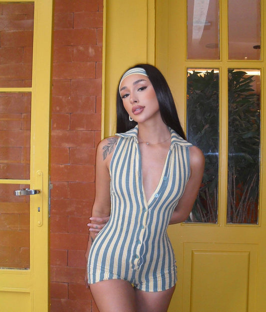 Casual Collared Breasted Slim-Fit Sleeveless Jumpsuit Striped Contrast Color Street Hip Wrapped Jumpsuit