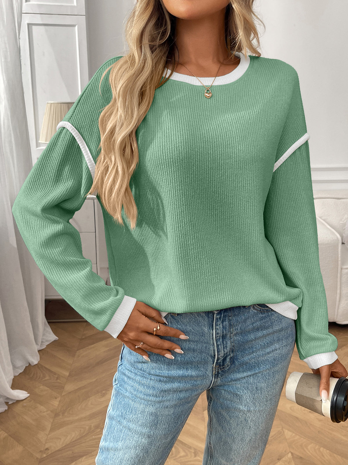 Autumn Winter Women Clothing round Neck Imitation Sweater Long Sleeve Loose Multicolor Top