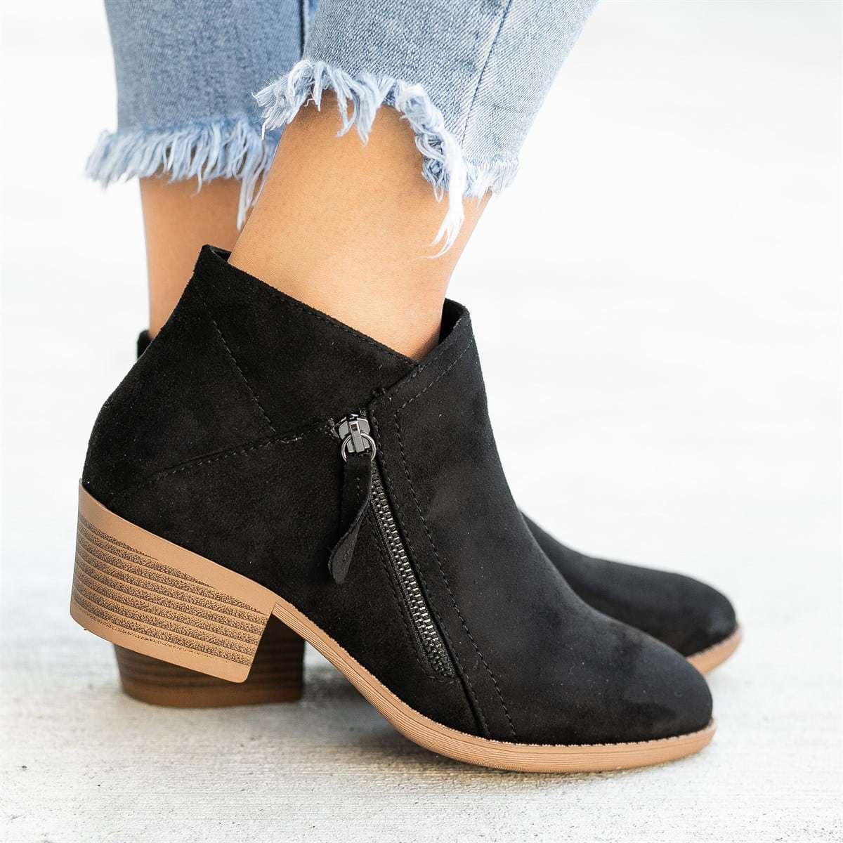 Short Tube Side Zipper round Toe Boots Women Suede Thick Heel Thin Martin Boots