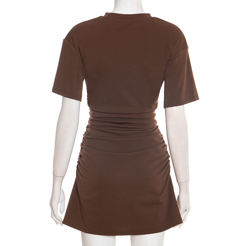 Women Clothing Spring Summer Solid Color round Neck Waist Sheath Pleated Dress