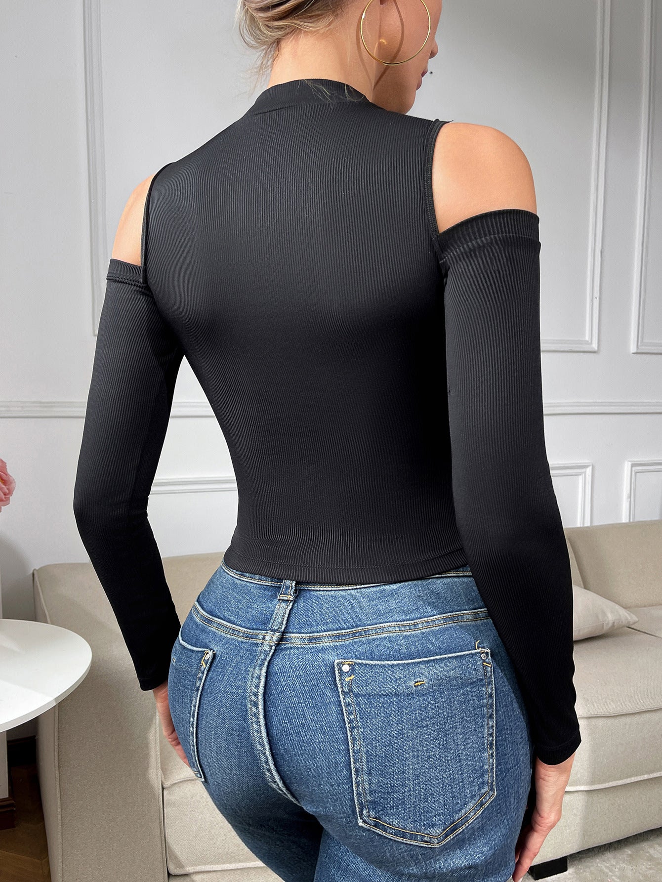 Sexy Black Cut out Lace off Shoulder T shirt Stitching Long Sleeve Tight Stretchy Underwear Women Outerwear