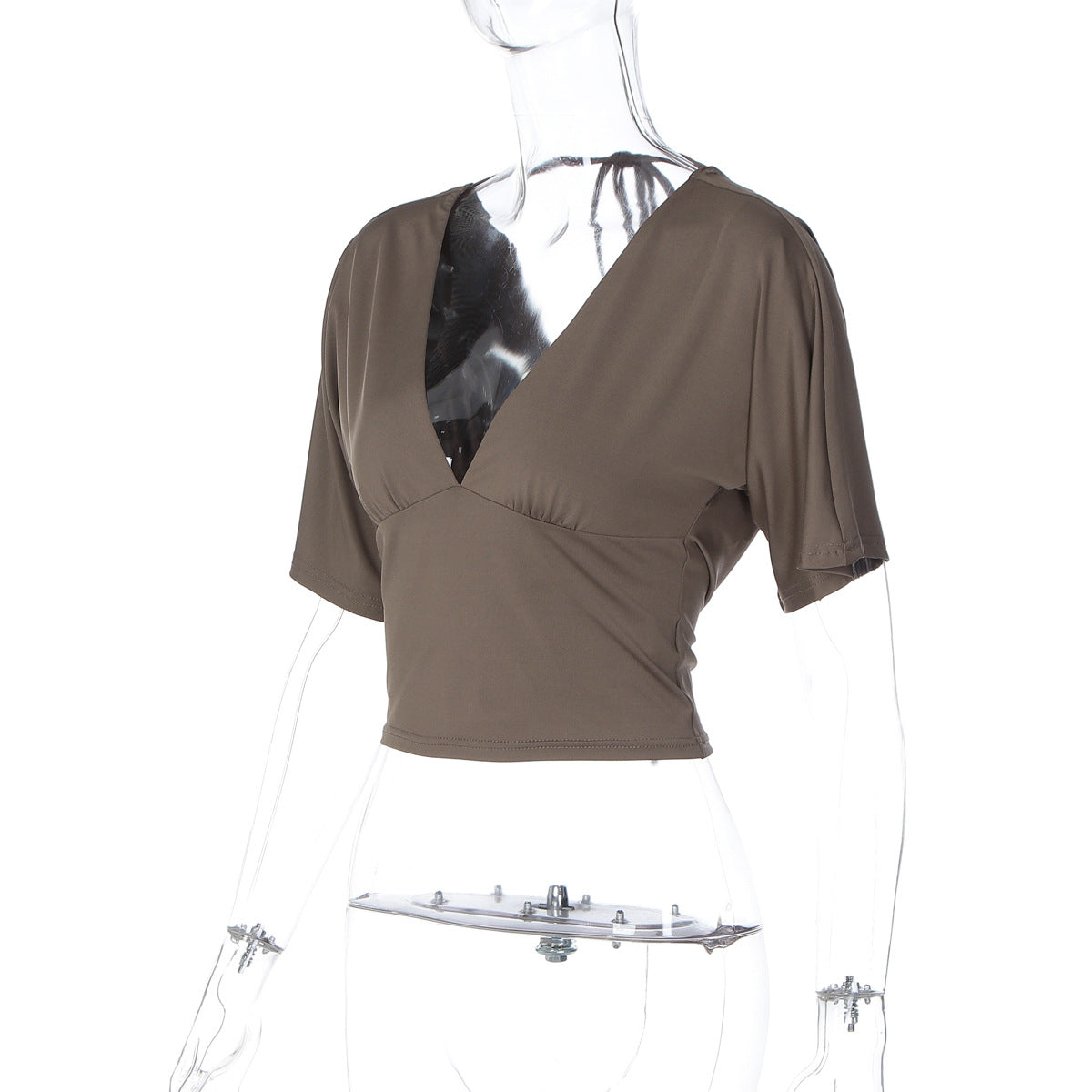 Women Clothing Summer Sexy Low Cut Deep V Plunge neck Solid Color Backless Lace up Half Sleeve T shirt Top