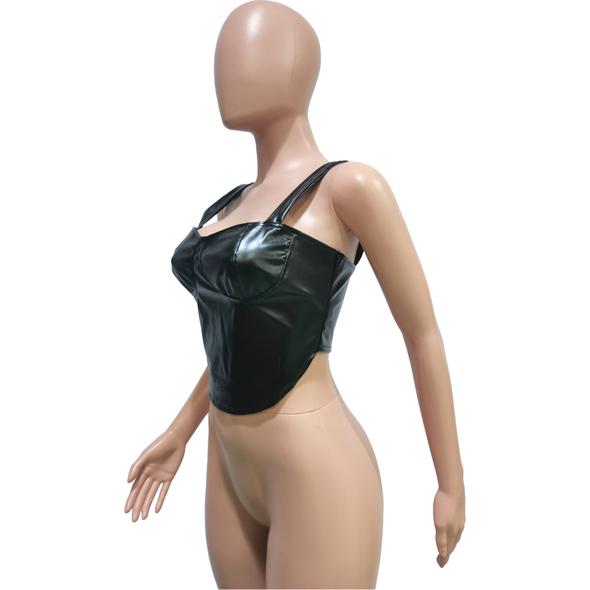 Women Clothing Spring Summer Solid Color Faux Leather Sleeveless Spaghetti Straps Corset Zipper Vest