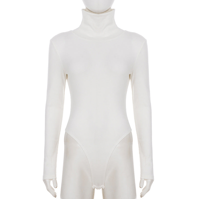 Autumn Winter Solid Color Turtleneck Knitting Threaded Tight Jumpsuit Women Basic Casual Long Sleeve Bottoming Shirt