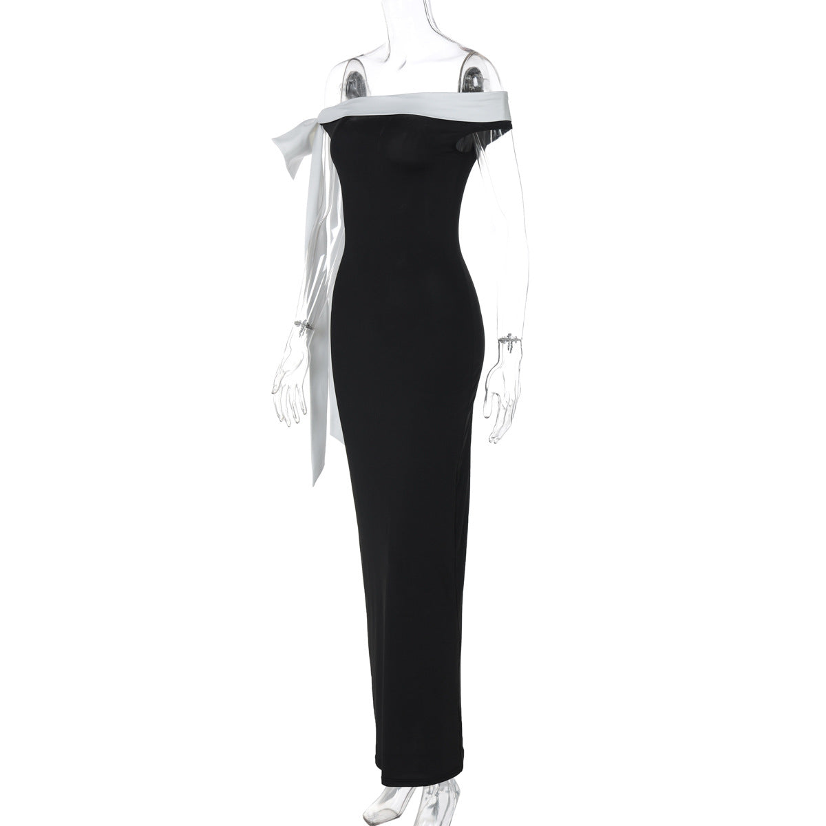 Women Clothing Autumn Winter Fashionable off Shoulder Ribbon Slim Solid Color Dress