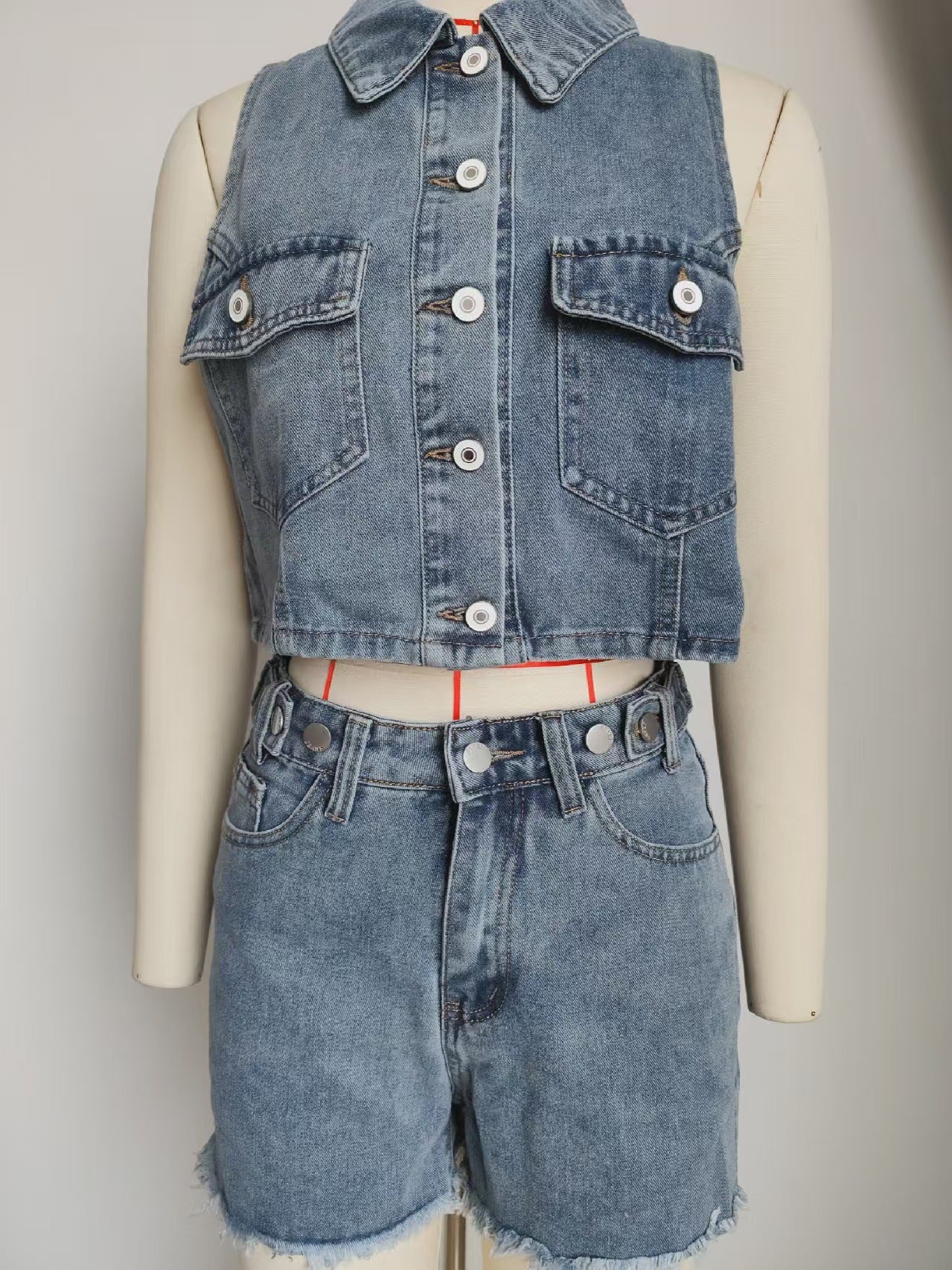 Summer Women Clothing Sexy Slimming Denim Two Piece Sets Vest Shorts