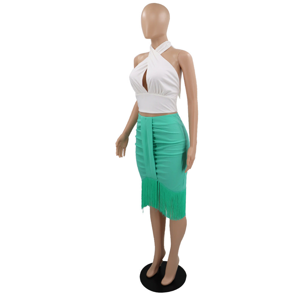 Women Halter Short Top Sheath Tassel Skirt Two Piece Set