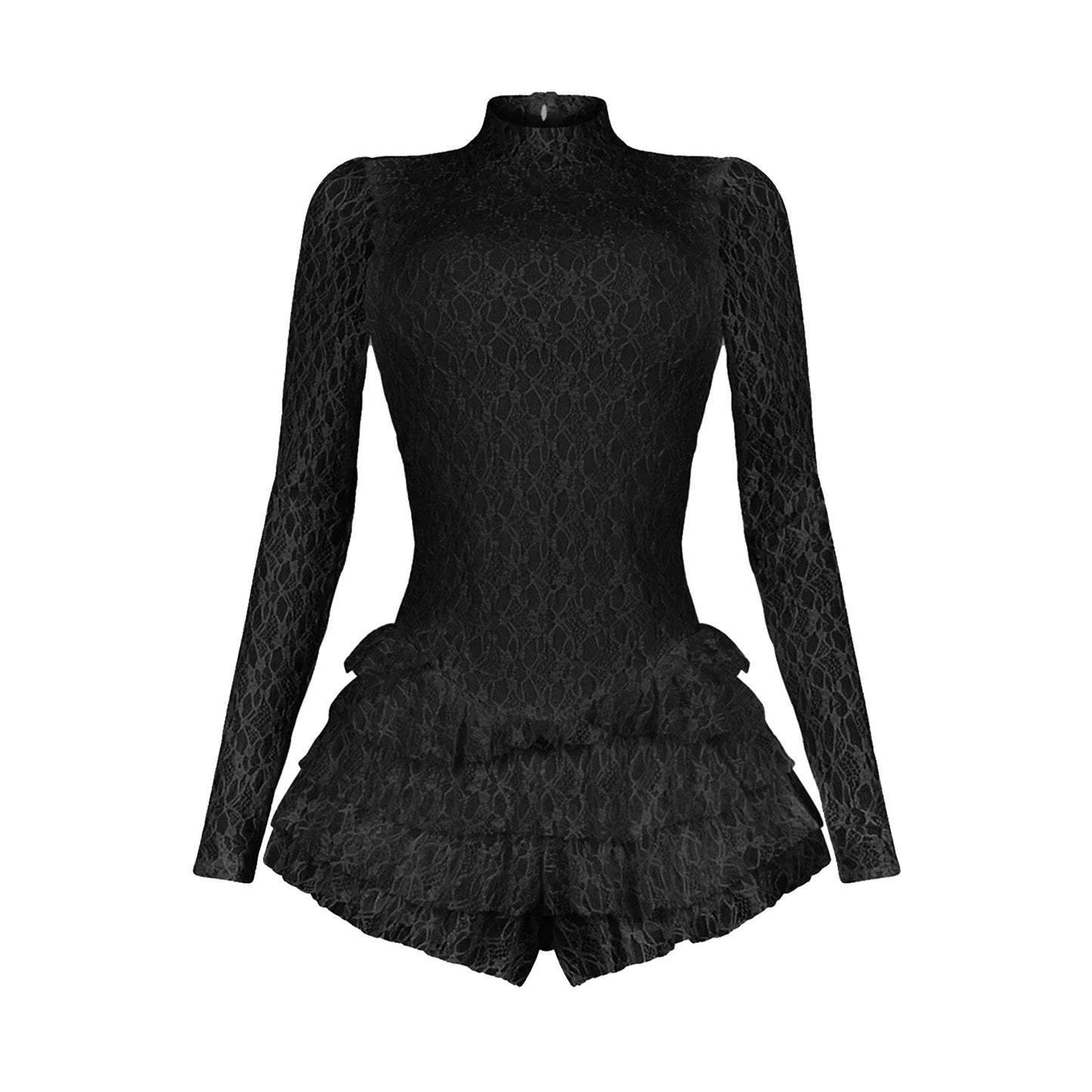 Women Clothing Sexy Lace Long Sleeve Shorts Wooden Ear Backless Jumpsuit