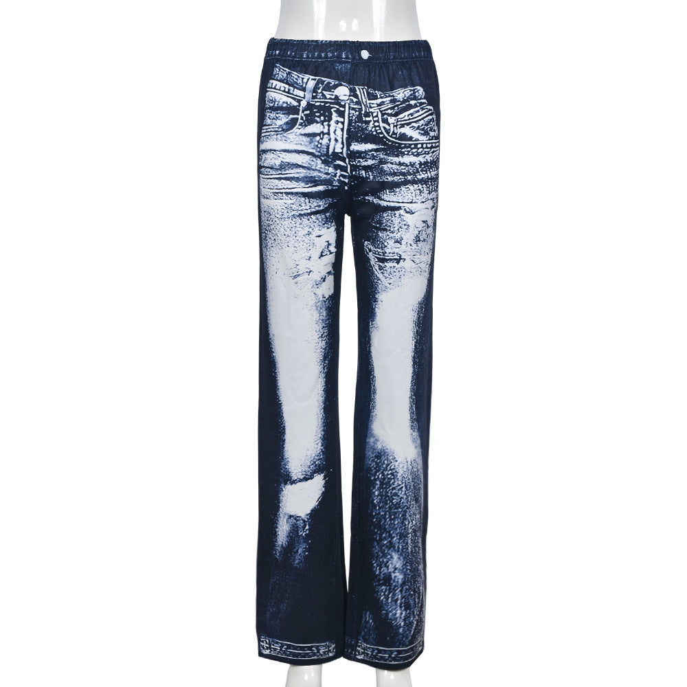 Printed High Waist Straight Casual Trousers for Women