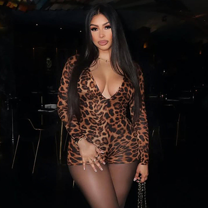 Women Clothing Autumn Winter Leopard Print V neck Long Sleeve Sexy Tight Jumpsuit Women
