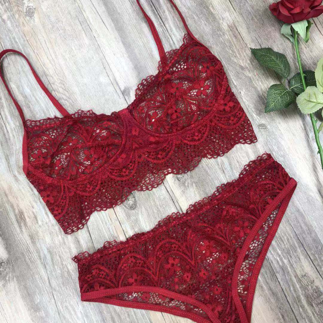 Lace Sexy Lingerie Set Solid Color Eyelash Lace