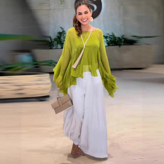 Women Clothing Ruffled Long Sleeve Casual Loose Simple Two Piece Sets