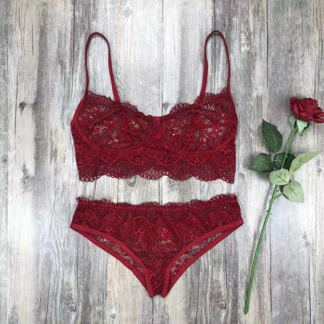 Lace Sexy Lingerie Set Solid Color Eyelash Lace