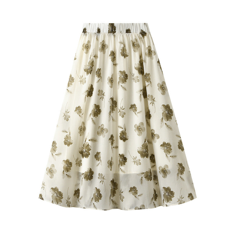 Spring Summer Women Ink Print Skirt A Line Skirt High Waist Slimming Midi Skirt