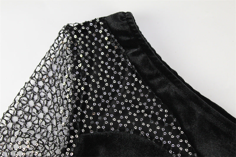 Women Clothing Fashionable Sequ Stitching Shoulder Diagonal Collar Dress Formal Dress