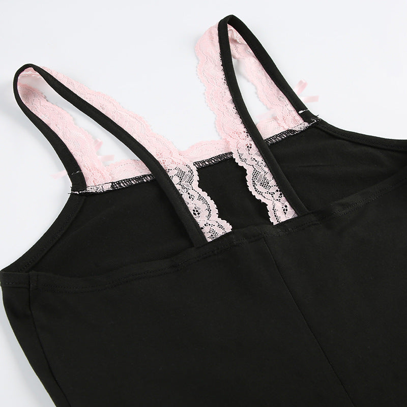 Contrast Color Lace Girl Sling Jumpsuit Summer Holiday Bow Stitching Square Collar Jumpsuit Shorts
