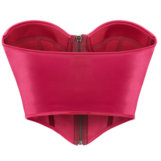 Rose Red Zipper Women Tube Top Chest Support with Steel Ring Push up Body Shaping Top Supply